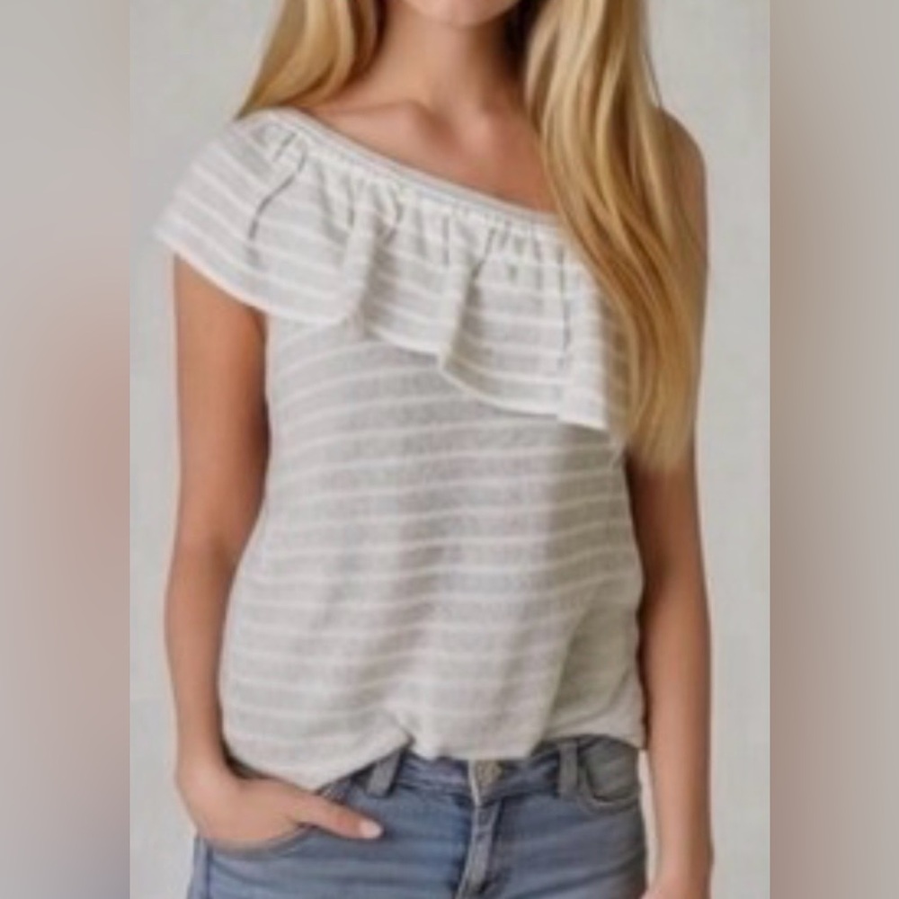 J Crew One-Shoulder Ruffle Stripe Top in Light Gray and White XS